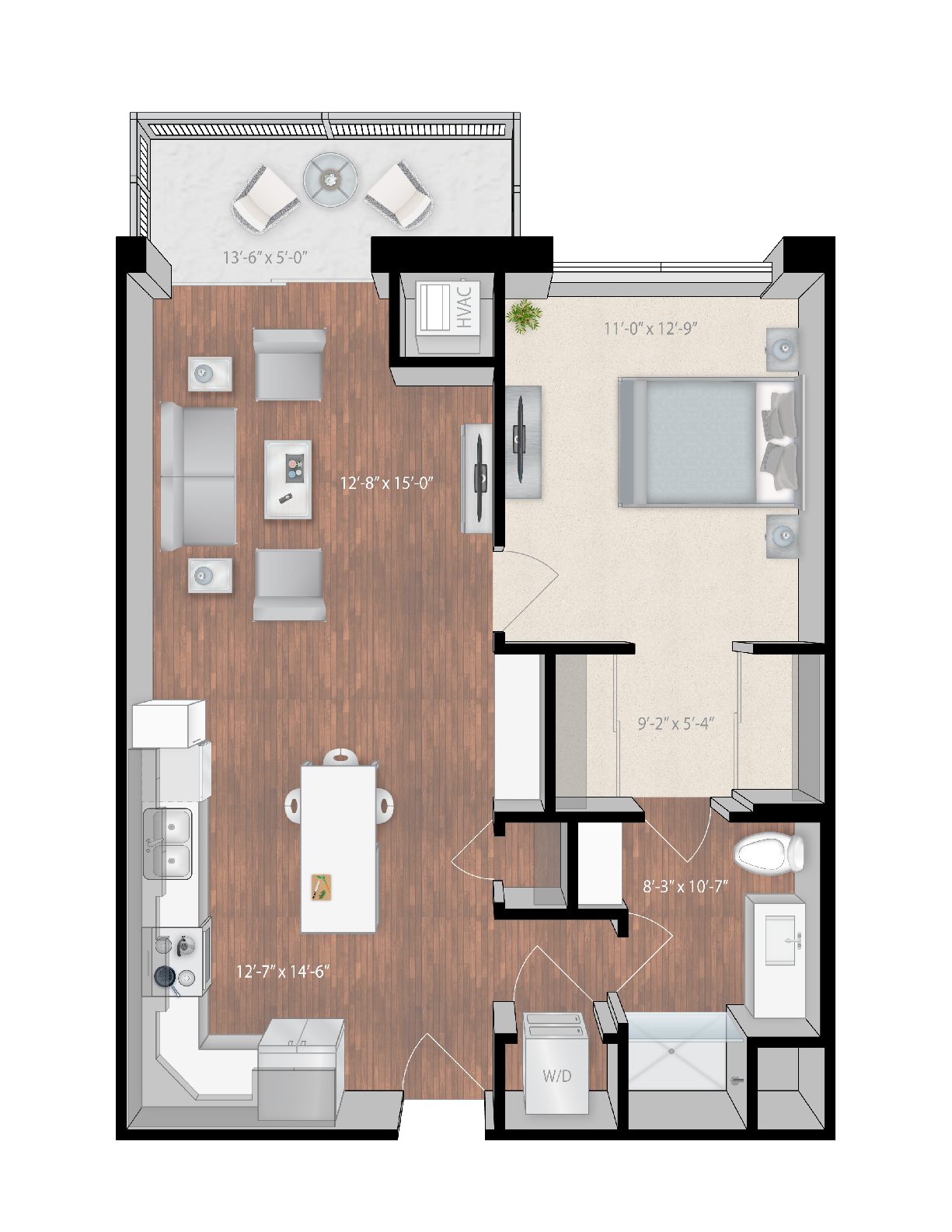 Floor plan for 1 bed, 1 bath, 767 sqft